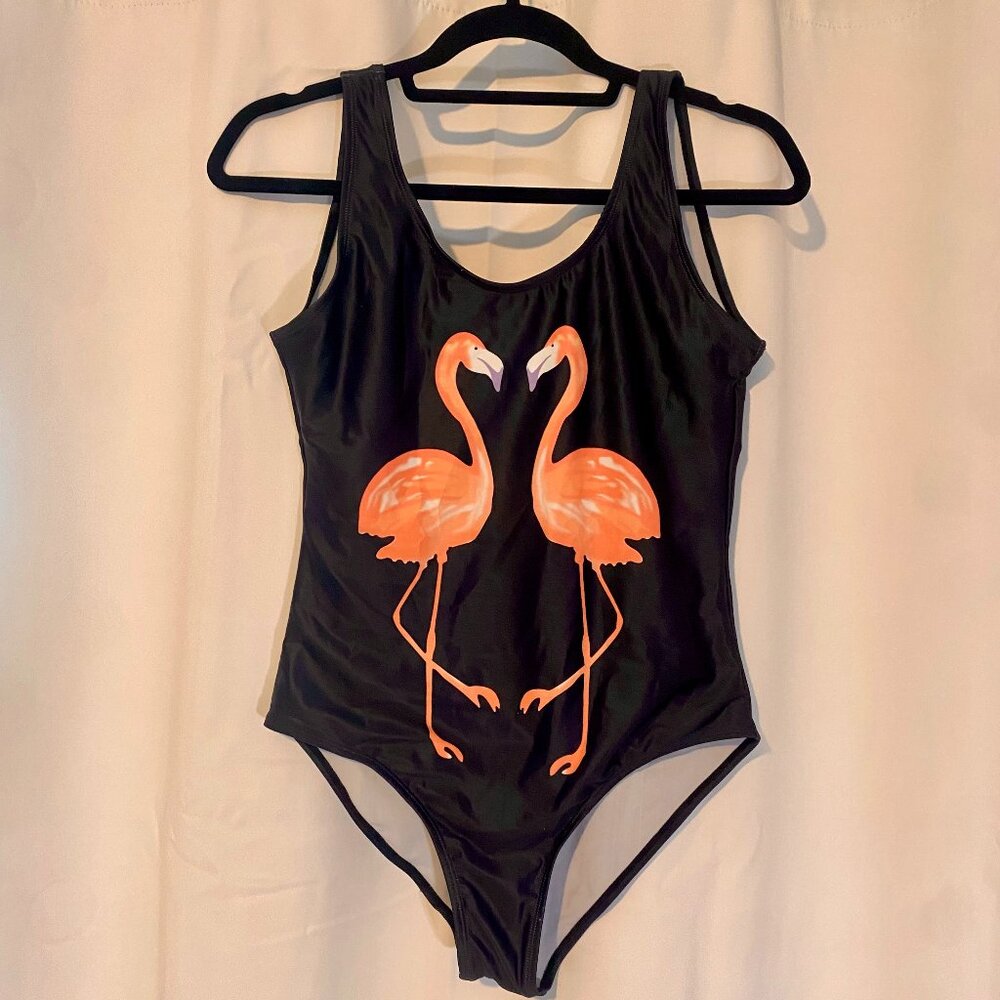 Zaful One-Piece Swimsuit, Size US 6 Flamingo Black & Pink Pattern, Low-Back.